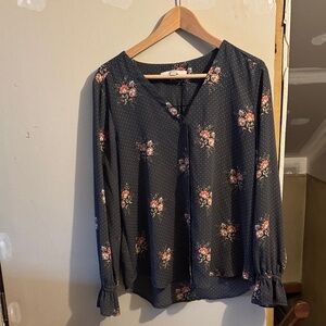 LOFT Navy Floral Blouse with Pink Accents